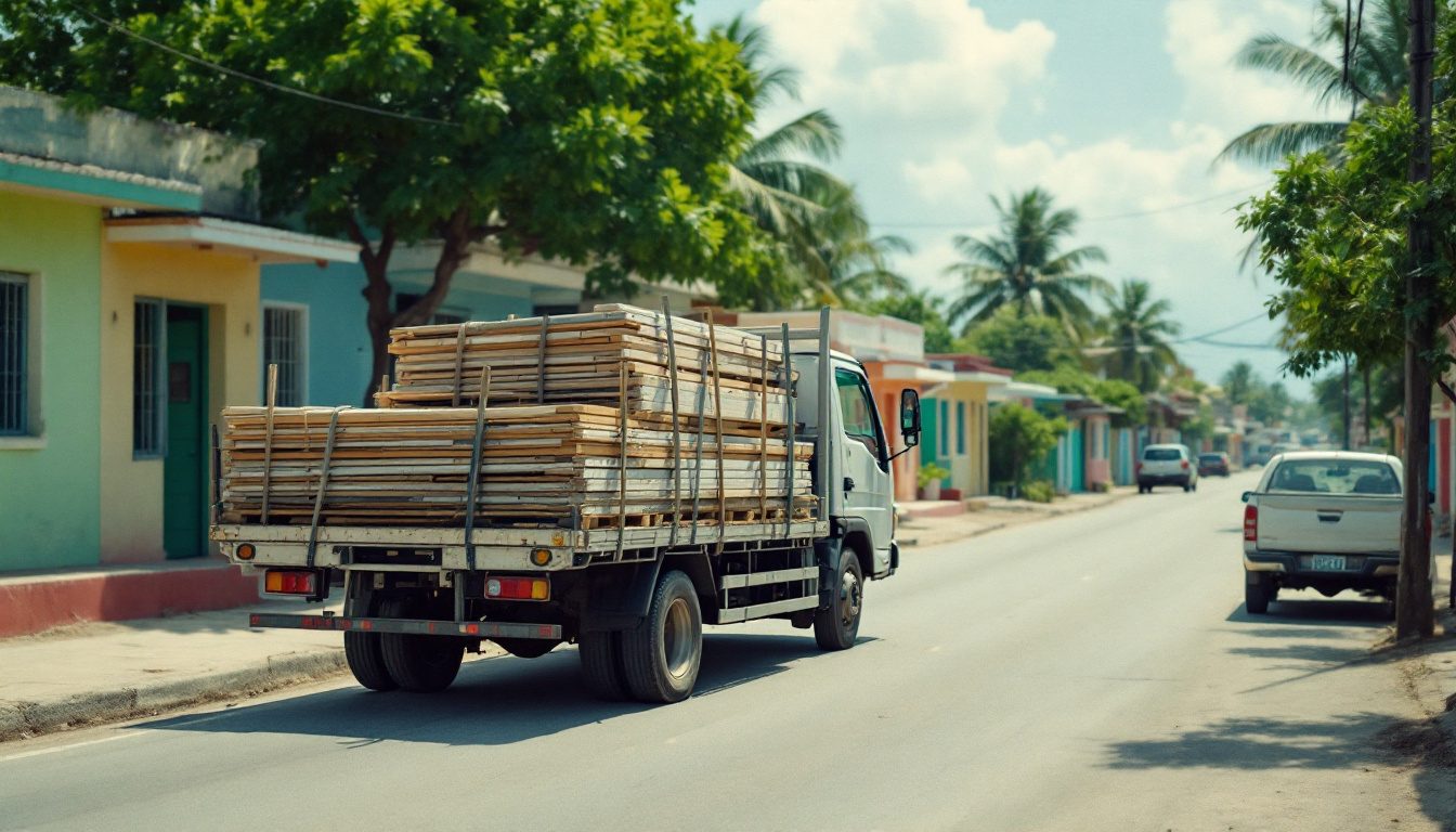 Flatbed truck delivering lumber through an island town